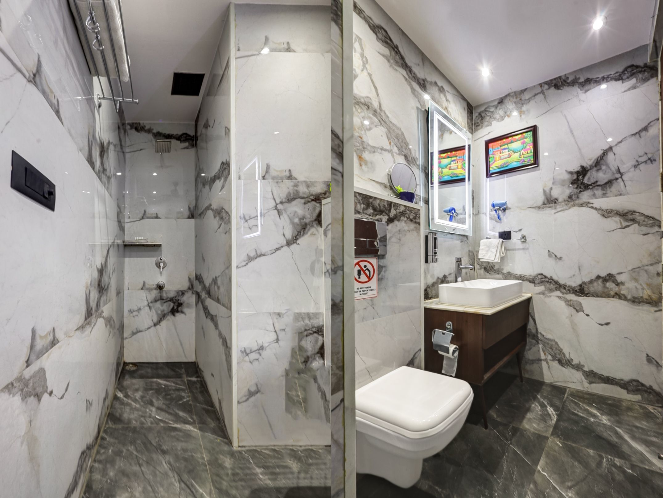 A bathroom with a shower, toilet, and sink, all with marble flooring and walls.