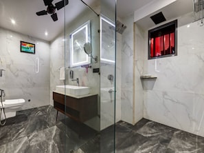 A modern bathroom with a glass-enclosed shower, a white sink, and a toilet. - Sanca International Patel Nagar New Delhi (New Delhi)