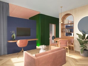Uma sala de estar moderna com televisão de tela plana, estante de madeira, mesa redonda e área de estar confortável.