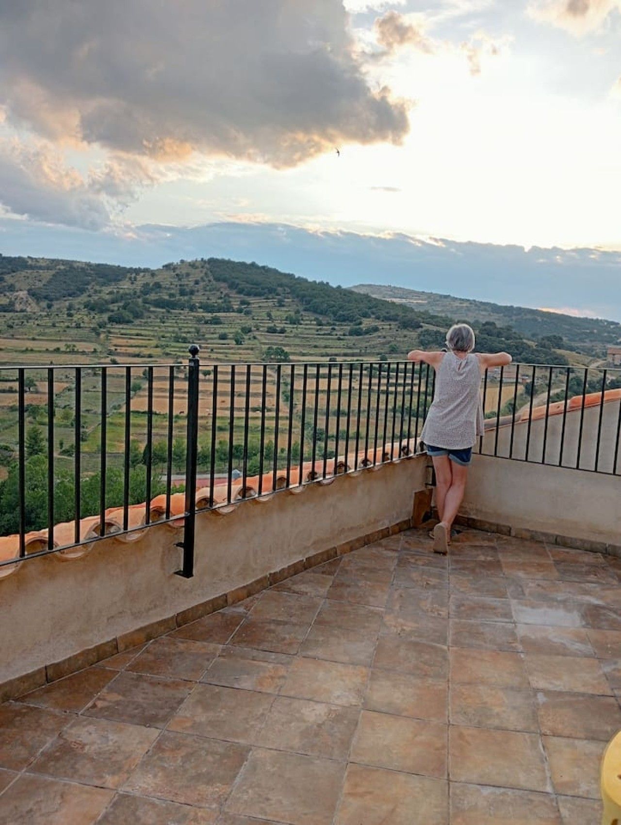 Una persona parada en un balcón con vistas a un paisaje montañoso.