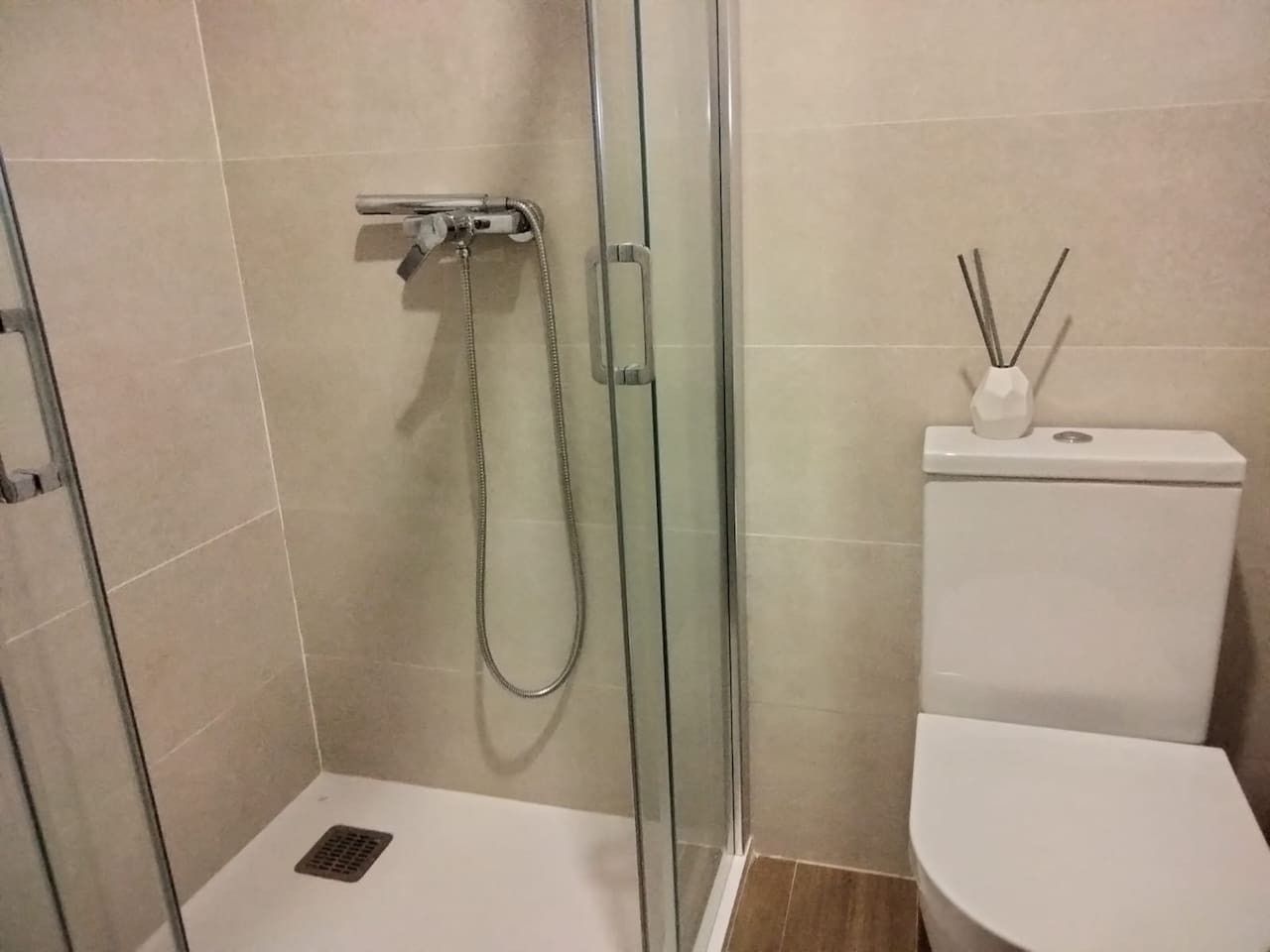 Un baño con ducha de vidrio, inodoro blanco y un estante pequeño con un difusor de aroma de caña.