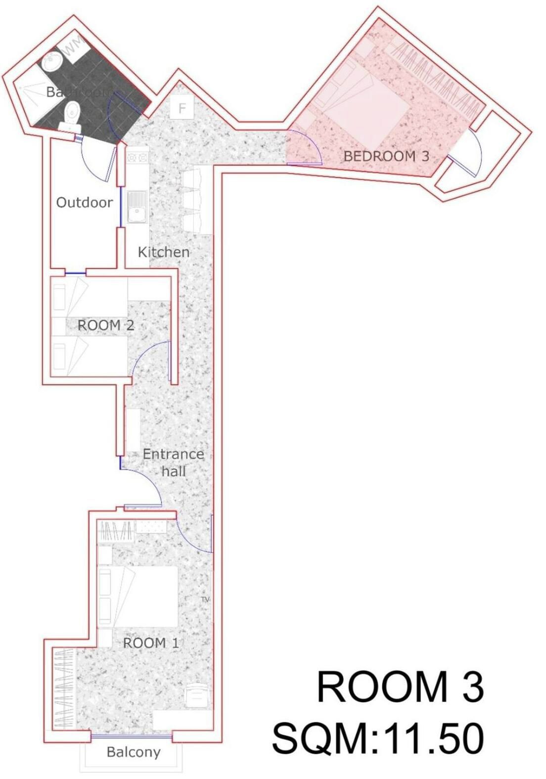 A floor plan with ROOM 3, an outdoor area, a kitchen, a bathroom, and a balcony.