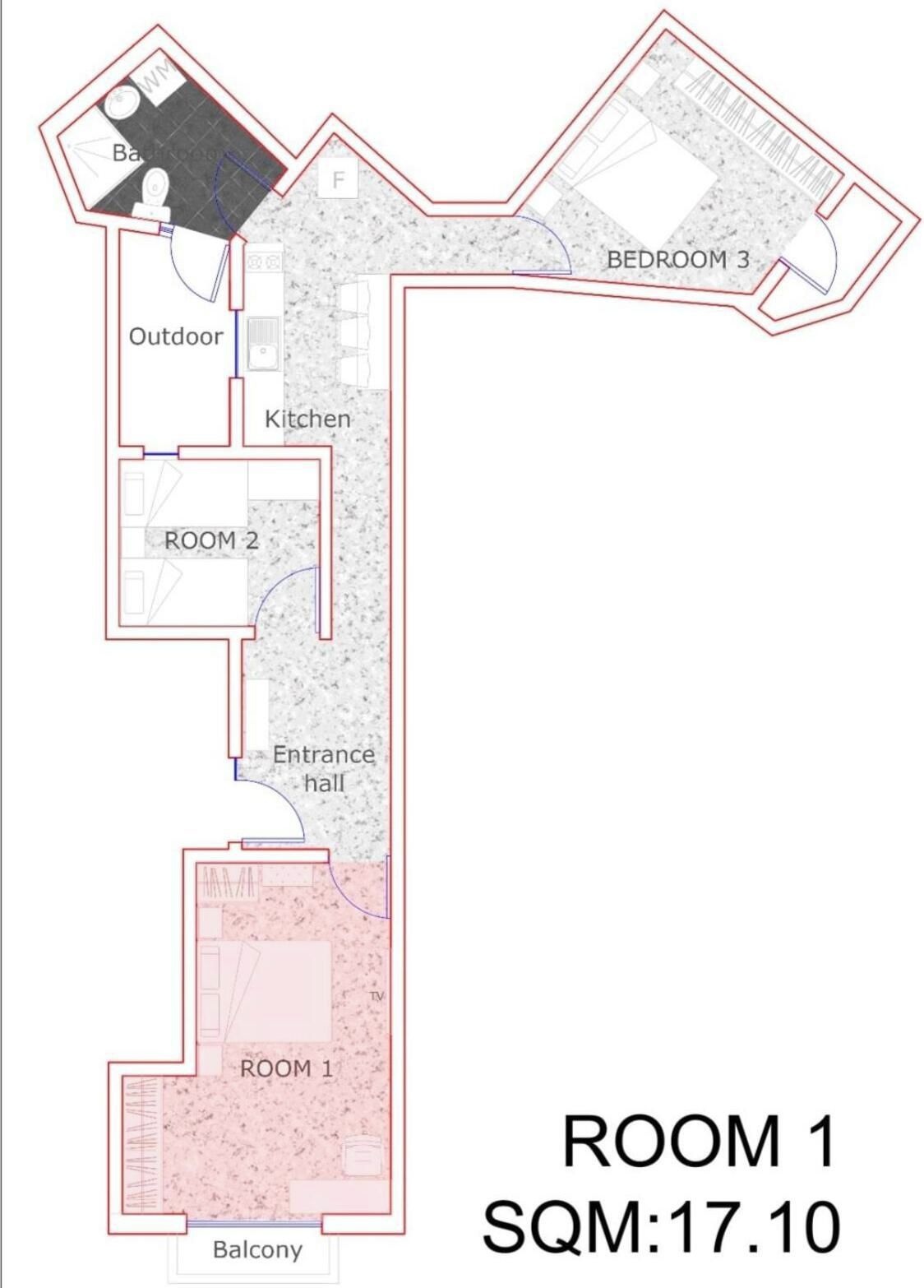 Un plan d’étage comprenant la pièce 1, un hall d’entrée, un balcon, la pièce 2, une cuisine, un espace extérieur et la chambre 3.