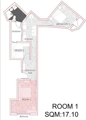A floor plan with ROOM 1, an entrance hall, a balcony, ROOM 2, a kitchen, an outdoor area, and BEDROOM 3.