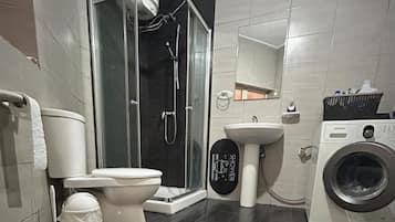 A modern bathroom with a toilet, shower, sink, and washing machine.
