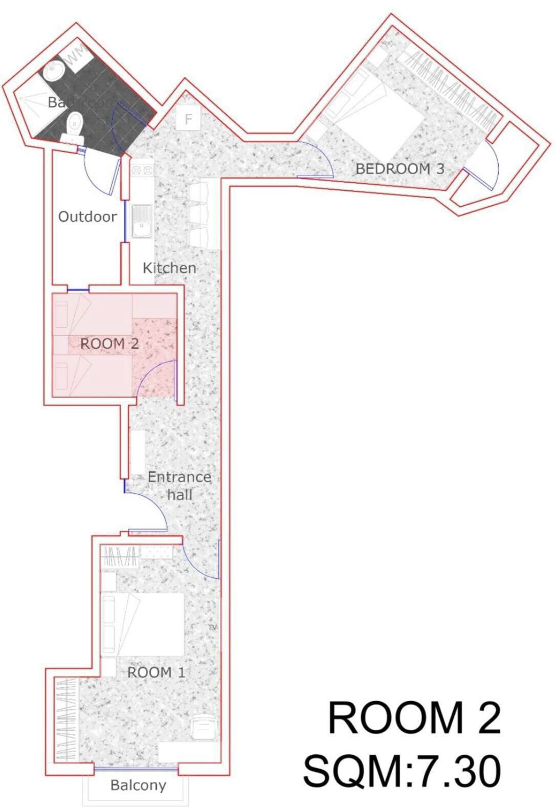 Un plan d’étage comprenant la pièce 2, un espace extérieur, une cuisine, un balcon et un hall d’entrée.