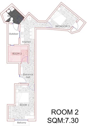 Ein Grundriss mit RAUM 2, einem Außenbereich, einer Küche, einem Balkon und einer Diele.