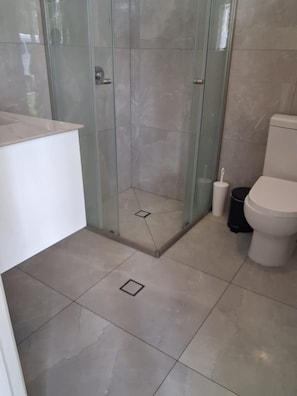 A bathroom with a glass-enclosed shower, a toilet, and a sink. - Centenary Motor Inn (Darra)