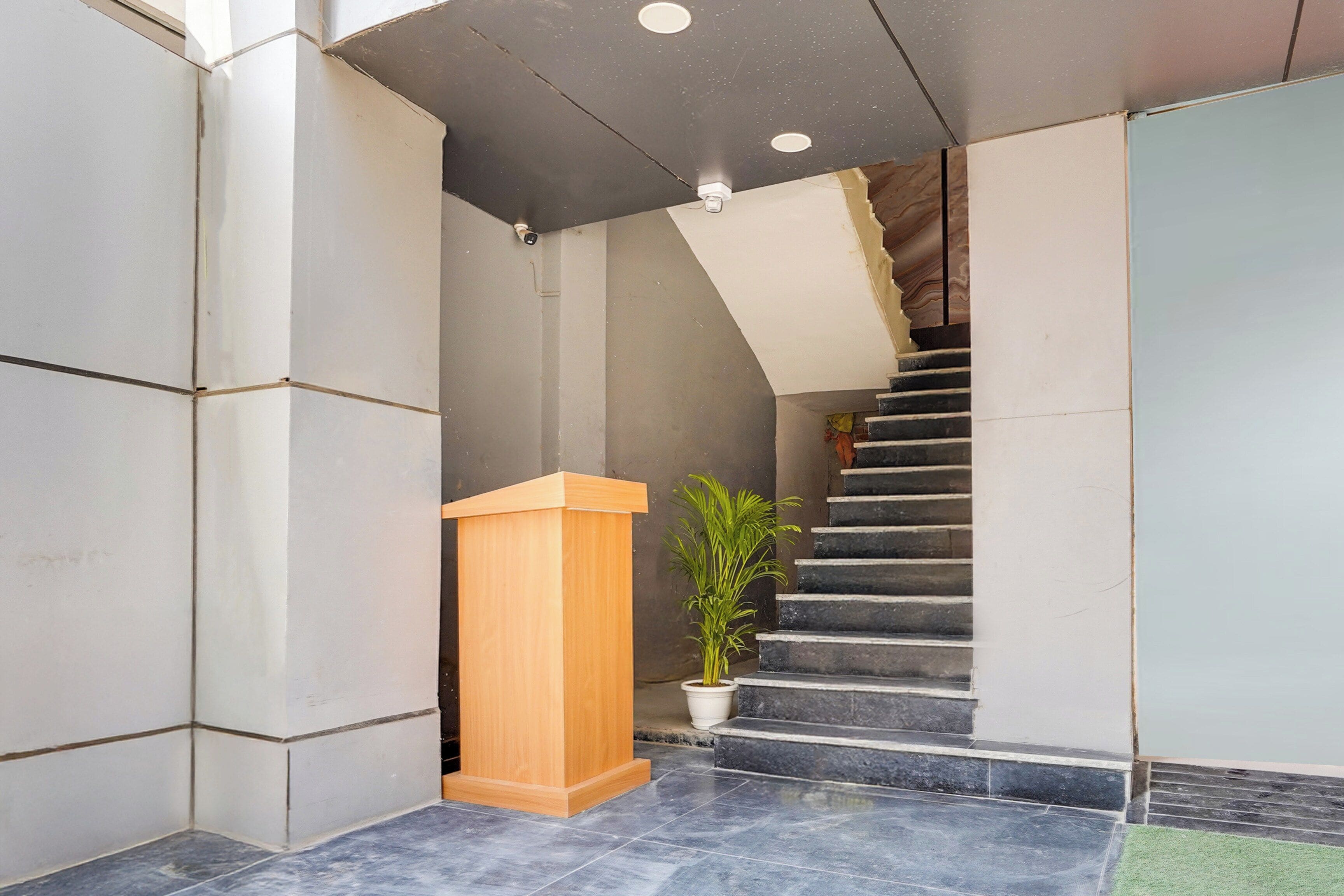 A staircase with a wooden podium and a potted plant at the bottom.
