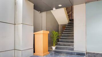 A staircase with a wooden podium and a potted plant at the bottom.