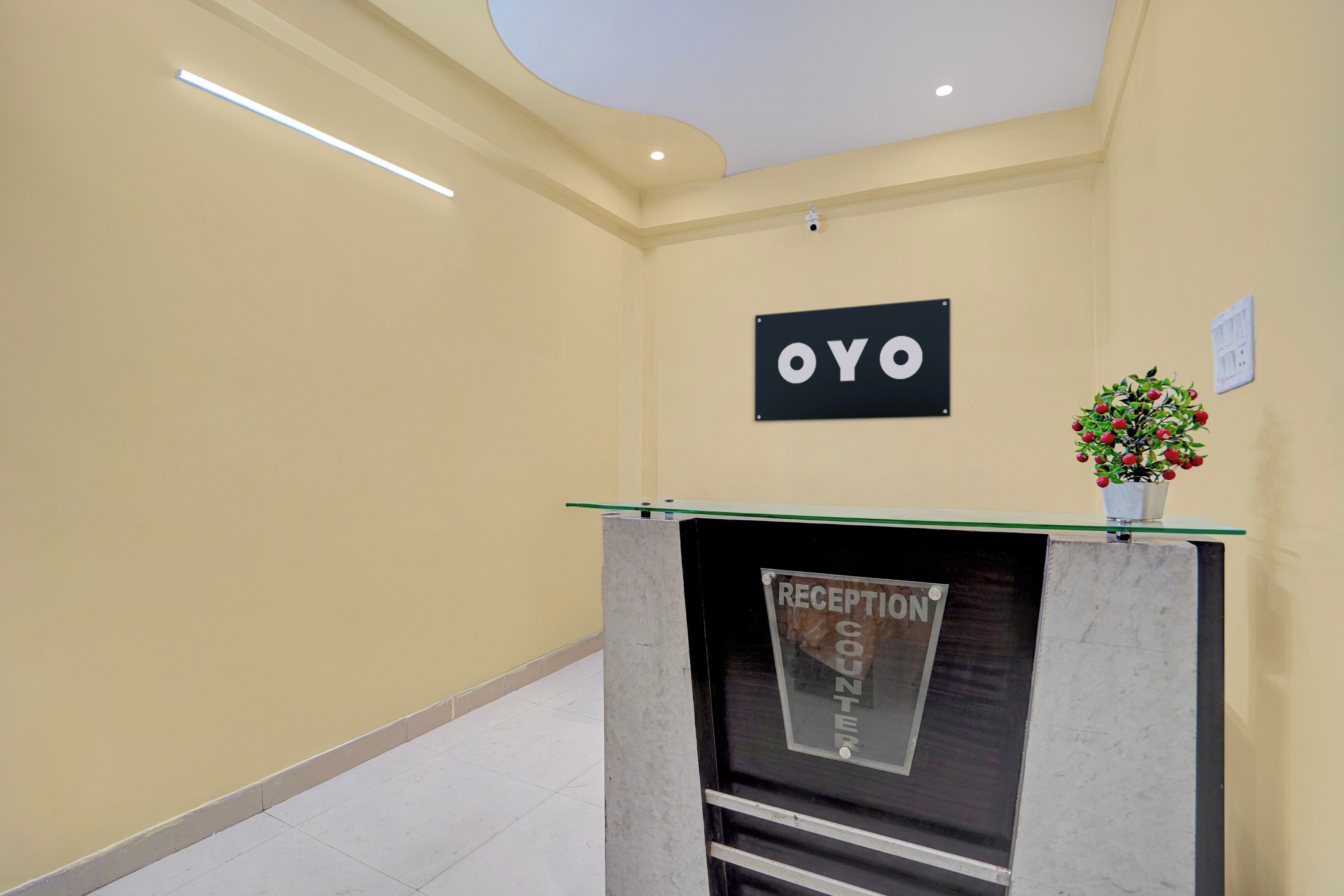 Un espace d'accueil avec un comptoir de réception, une enseigne indiquant « OYO » et une plante en pot accrochée au mur.