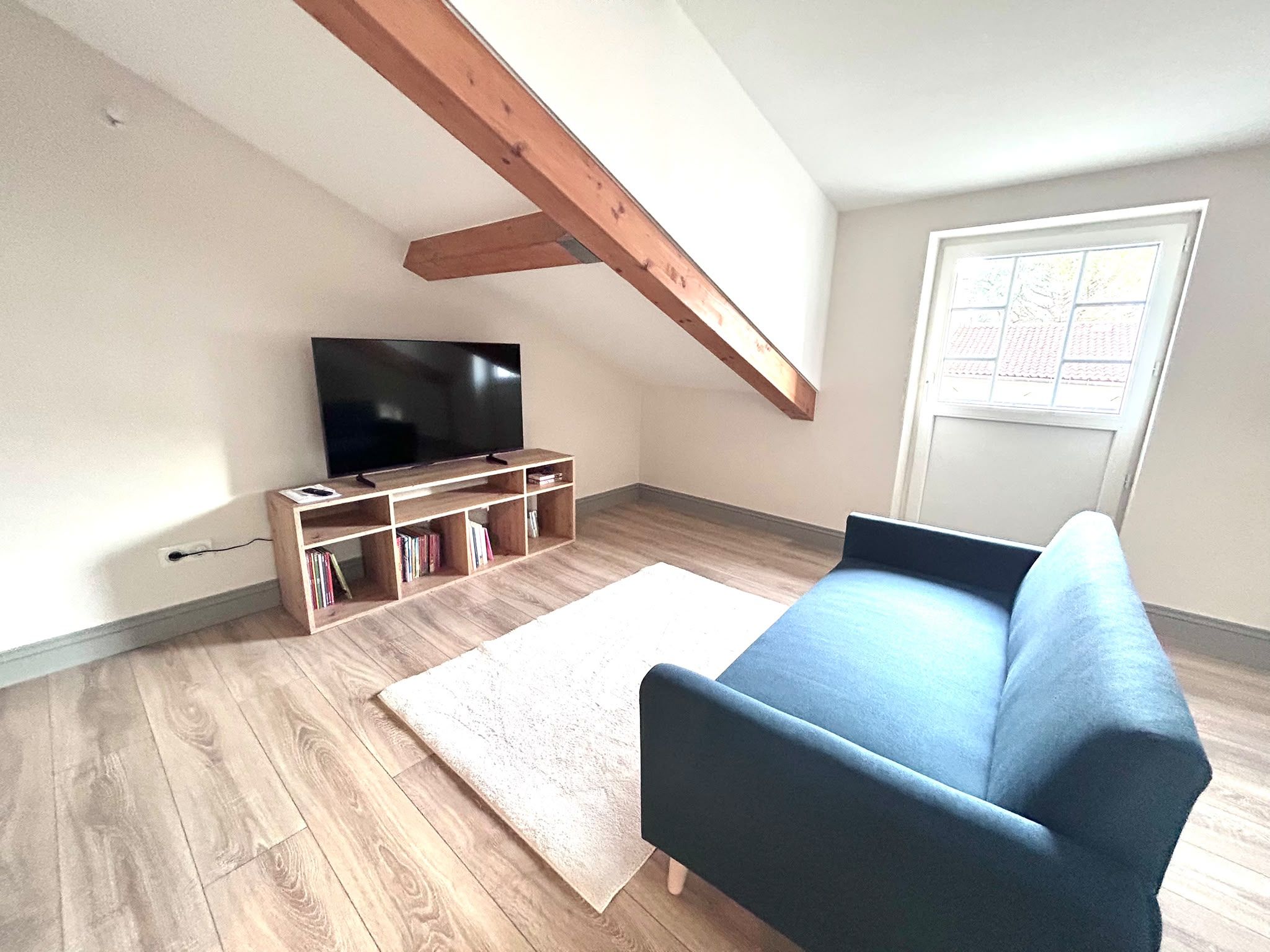A living room with a television, bookshelf, and a blue sofa.