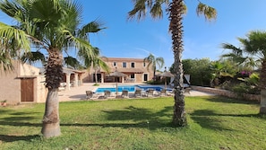 Een villa met zwembad, terras en palmbomen.