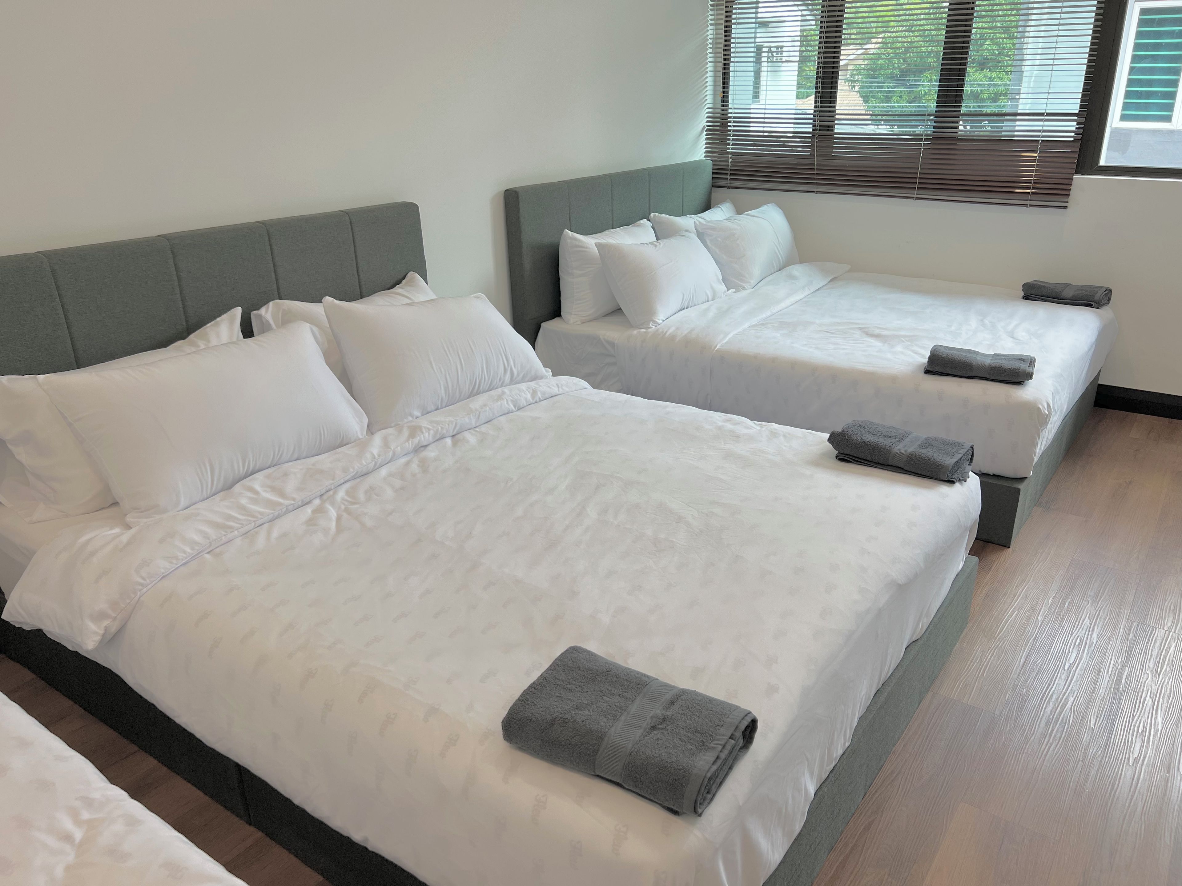 A hotel room with two beds, each with white bedding and grey headboards.