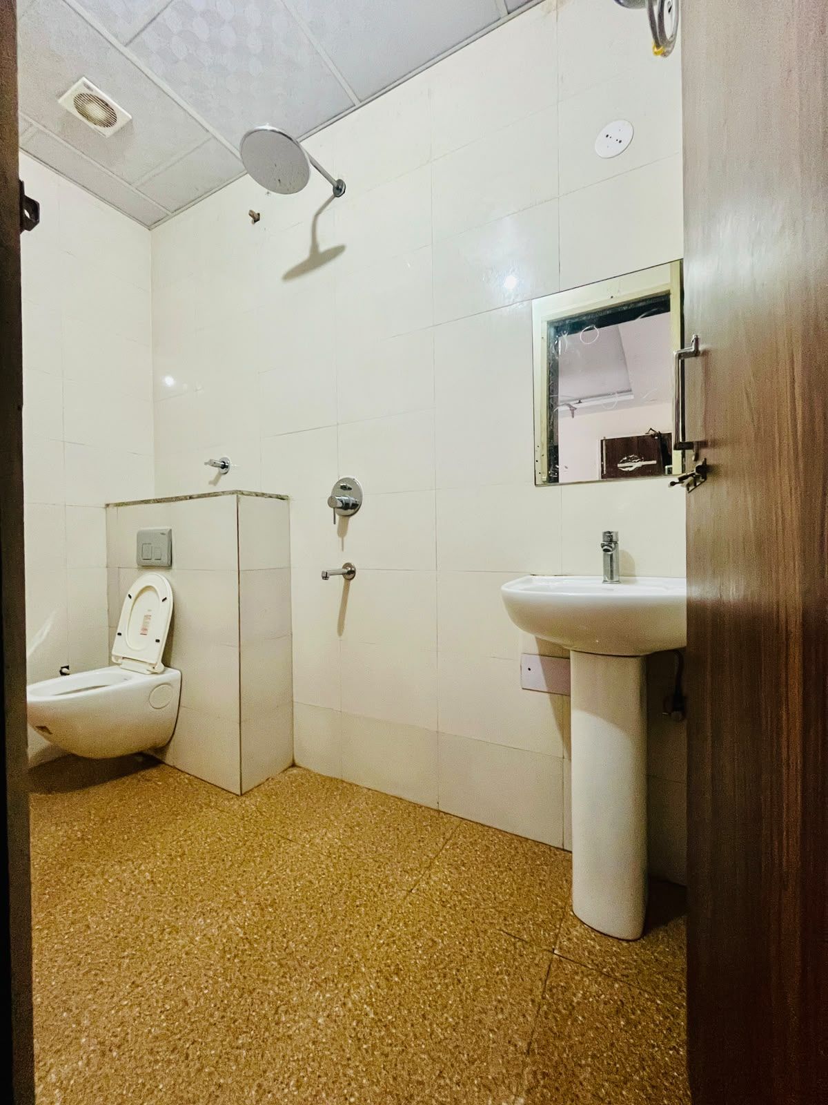 Un baño con inodoro, lavabo y ducha.