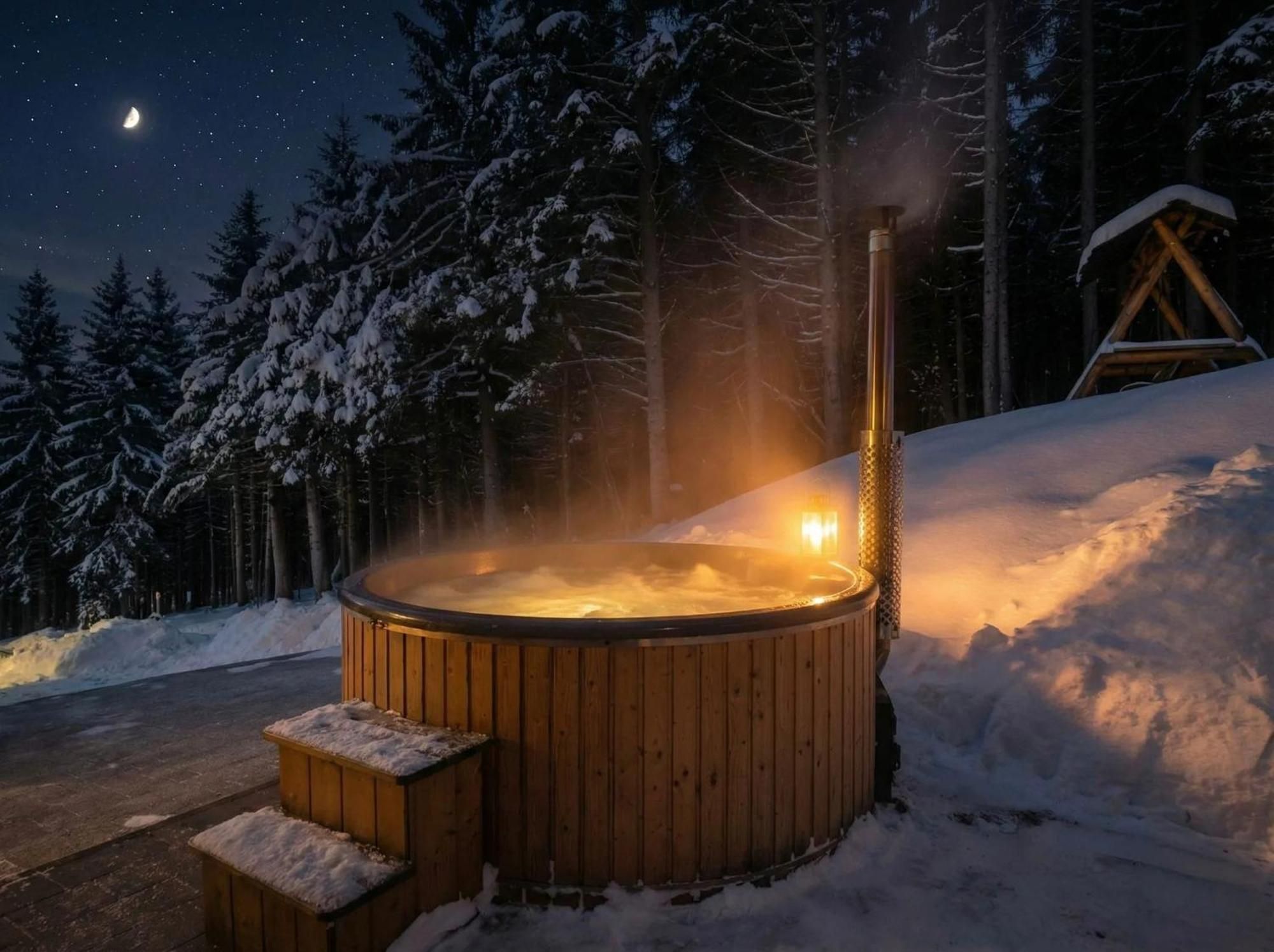 A wooden hot tub surrounded by snow, with a wooden cabin in the background.