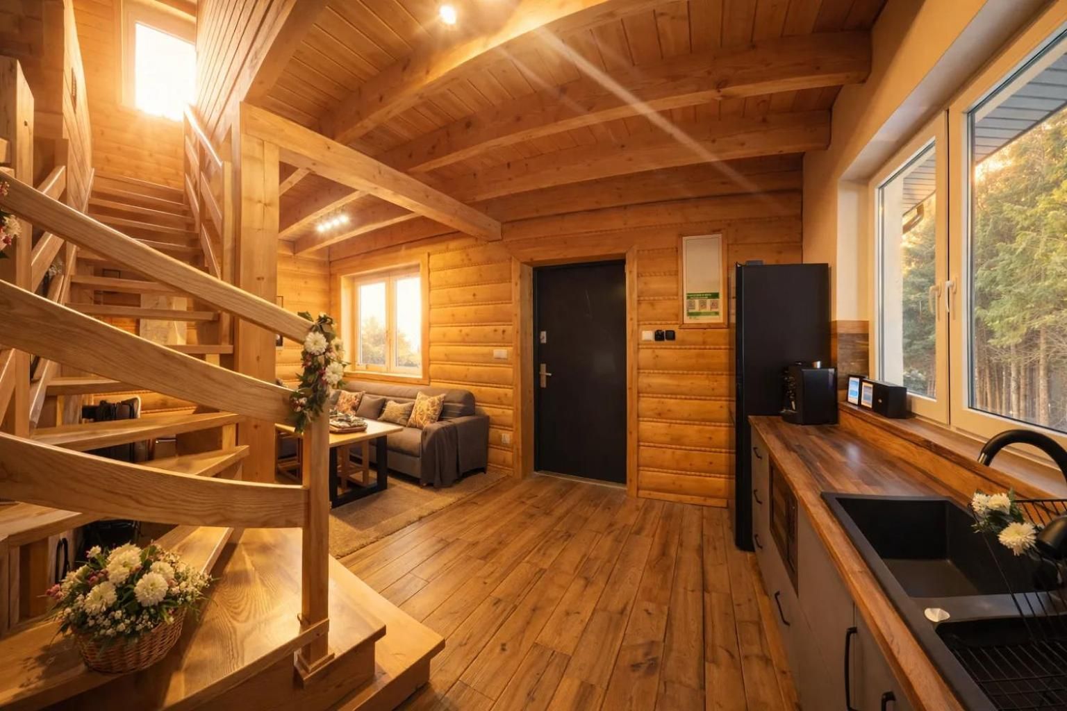 Interior de una cabaña de madera con escalera, sofá, comedor y cocina.