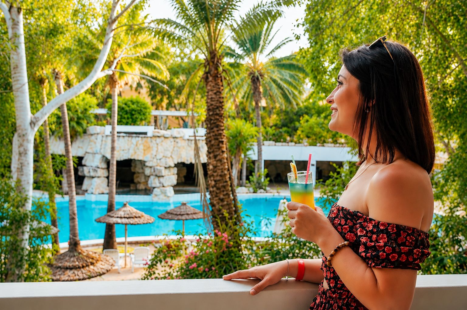 Una persona sosteniendo una bebida, con vista a un área de piscina con sombrillas y palmeras.