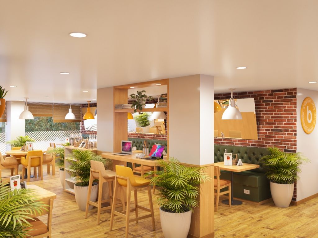 Un interior moderno con una zona de bar, asientos y plantas en macetas.
