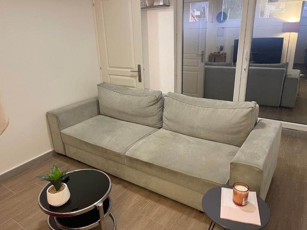 Un salon moderne avec un canapé gris, une petite table ronde ornée d’une plante et une bougie posée sur une table d’appoint.