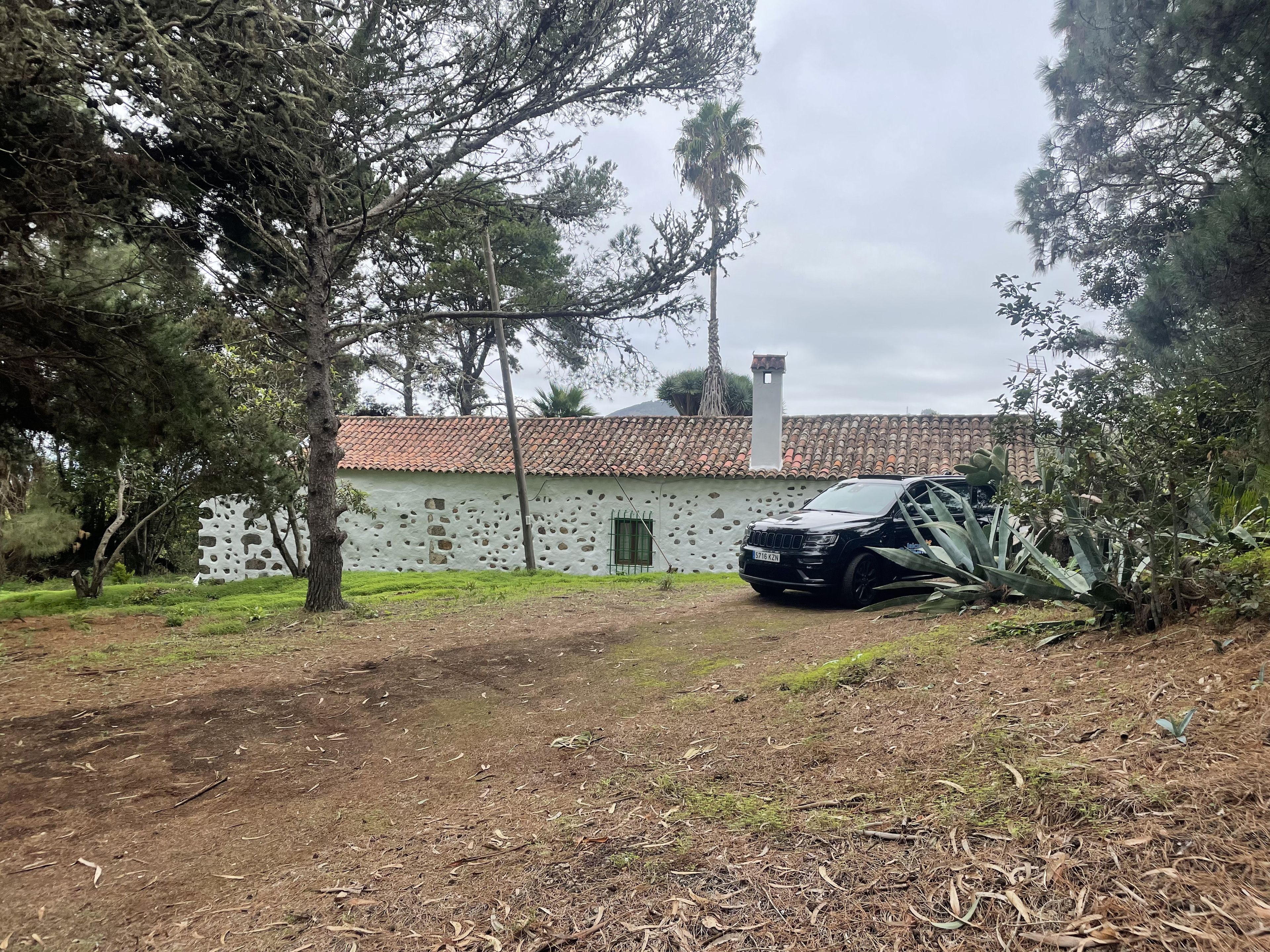 Une maison avec un mur en pierre et un toit en tuiles, entourée d’arbres et avec une voiture garée devant.