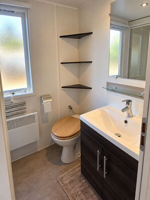 Une salle de bain comprenant des toilettes, un lavabo, un miroir et trois étagères.