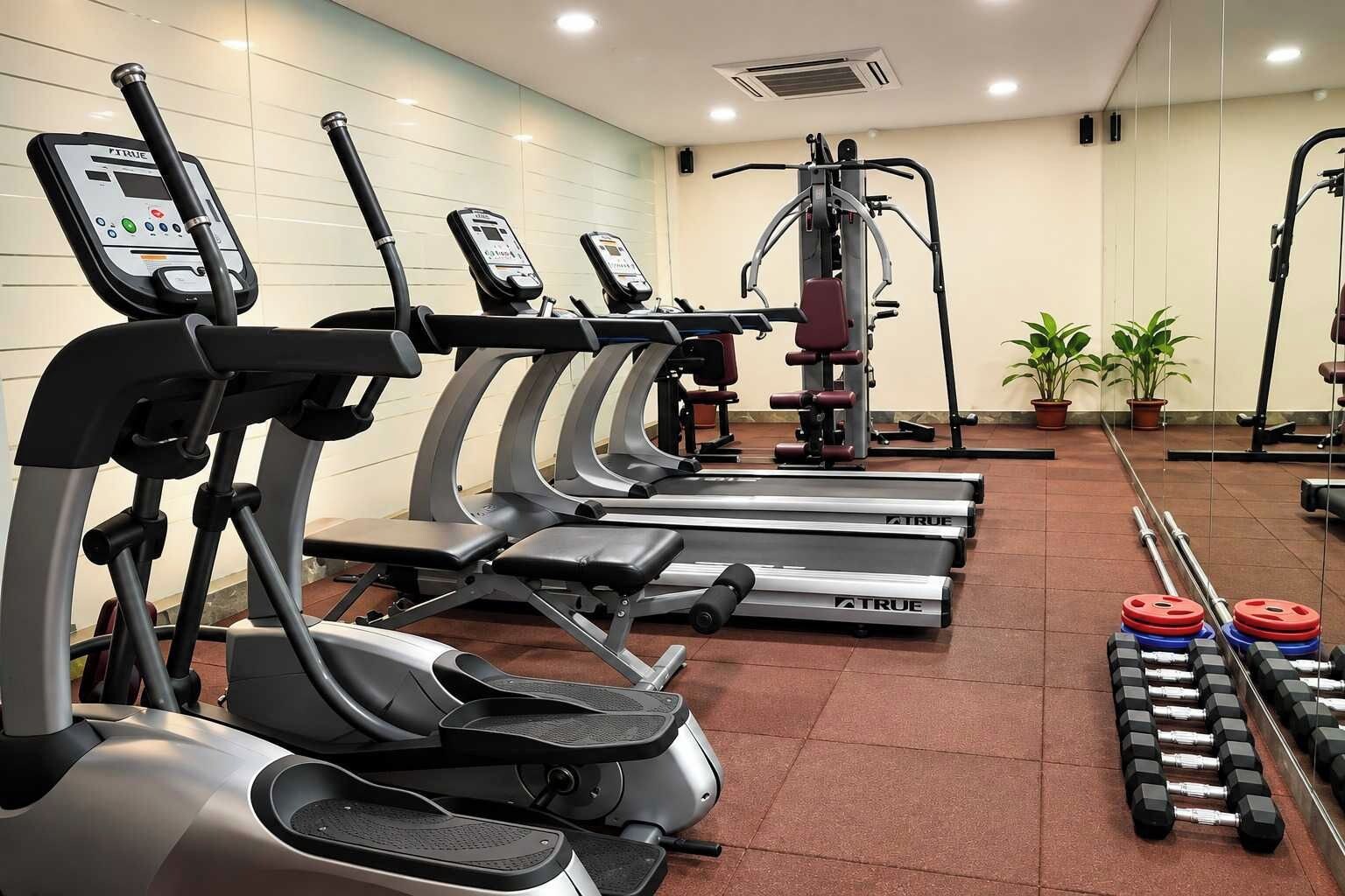 Un gimnasio con cintas de correr, máquinas de pesas y pesas libres.