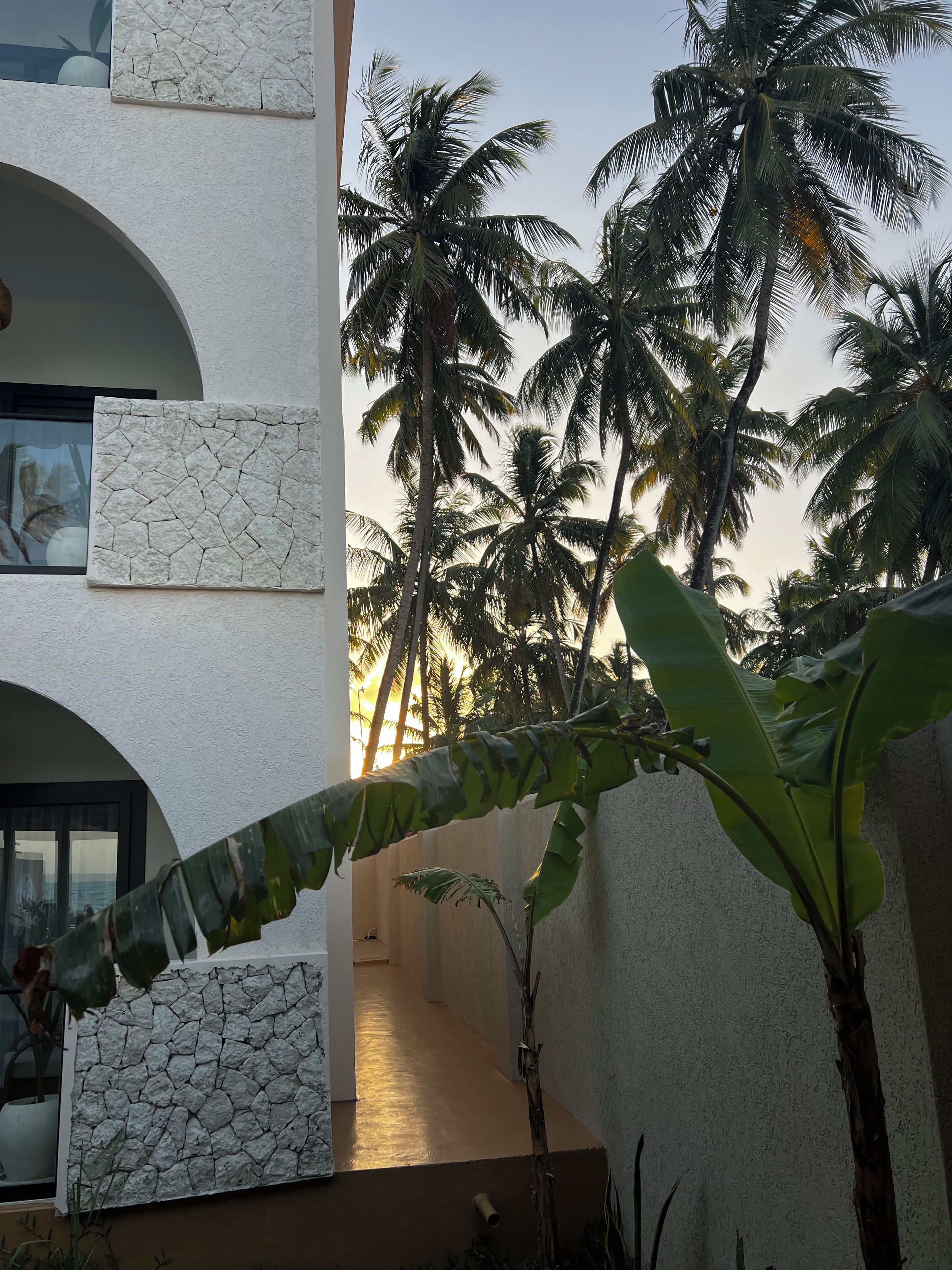 A modern building with a stone facade and a balcony overlooking palm trees.