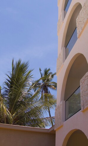 A building with multiple windows and a palm tree in the background.