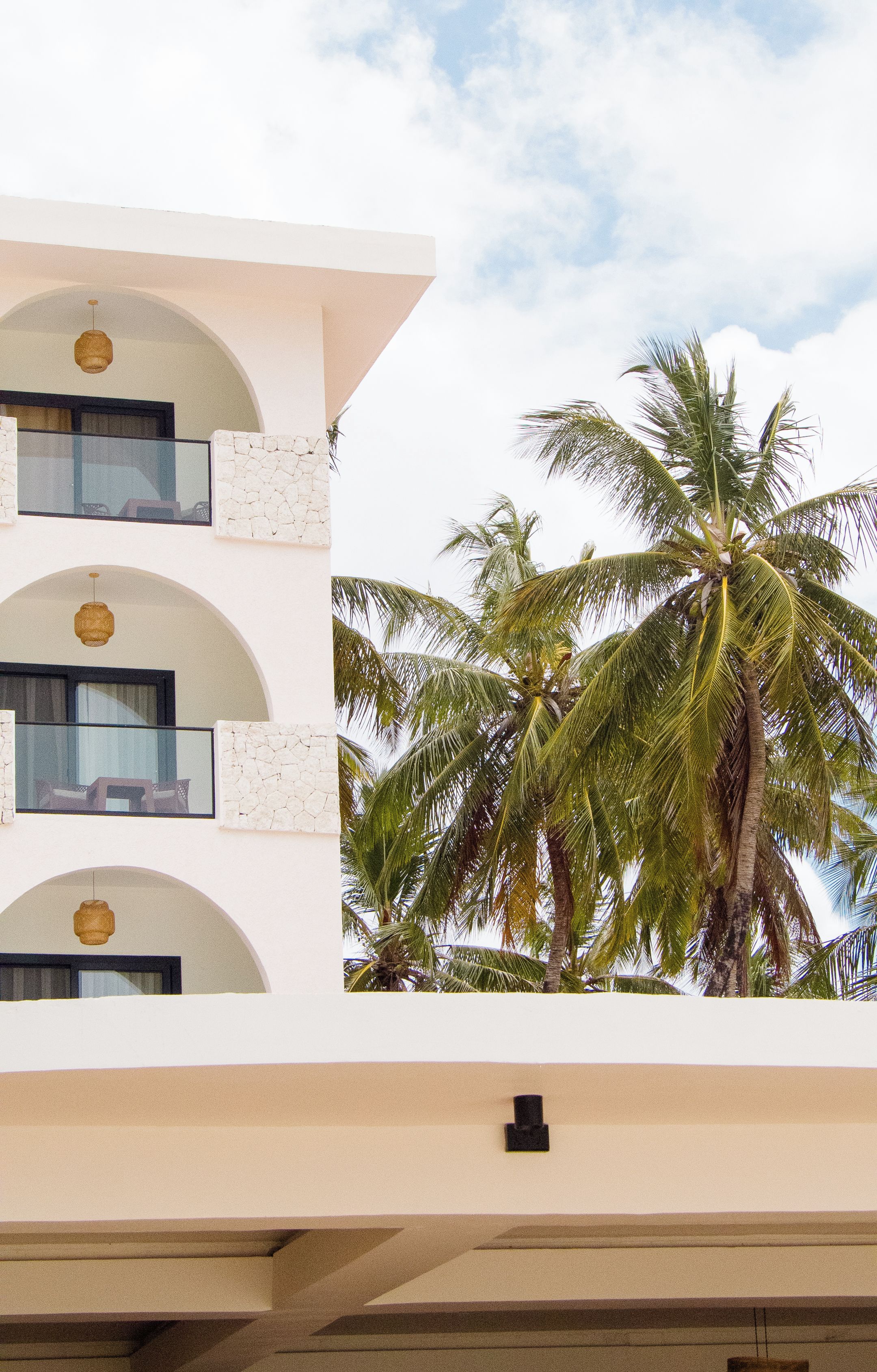 A multi-story building with balconies and a palm tree in the background.