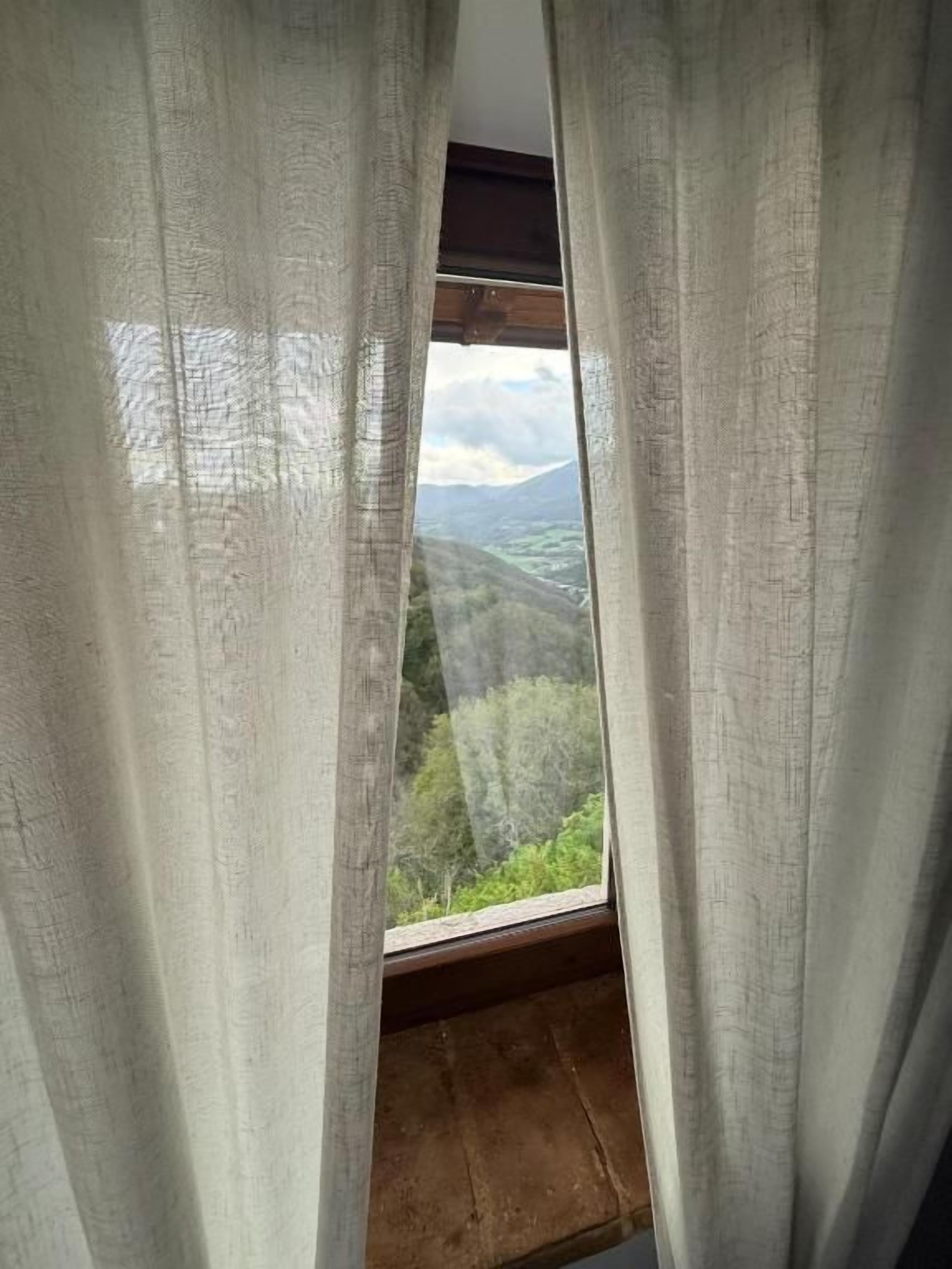 A window with sheer curtains, a wooden sill, and a view of a green landscape.