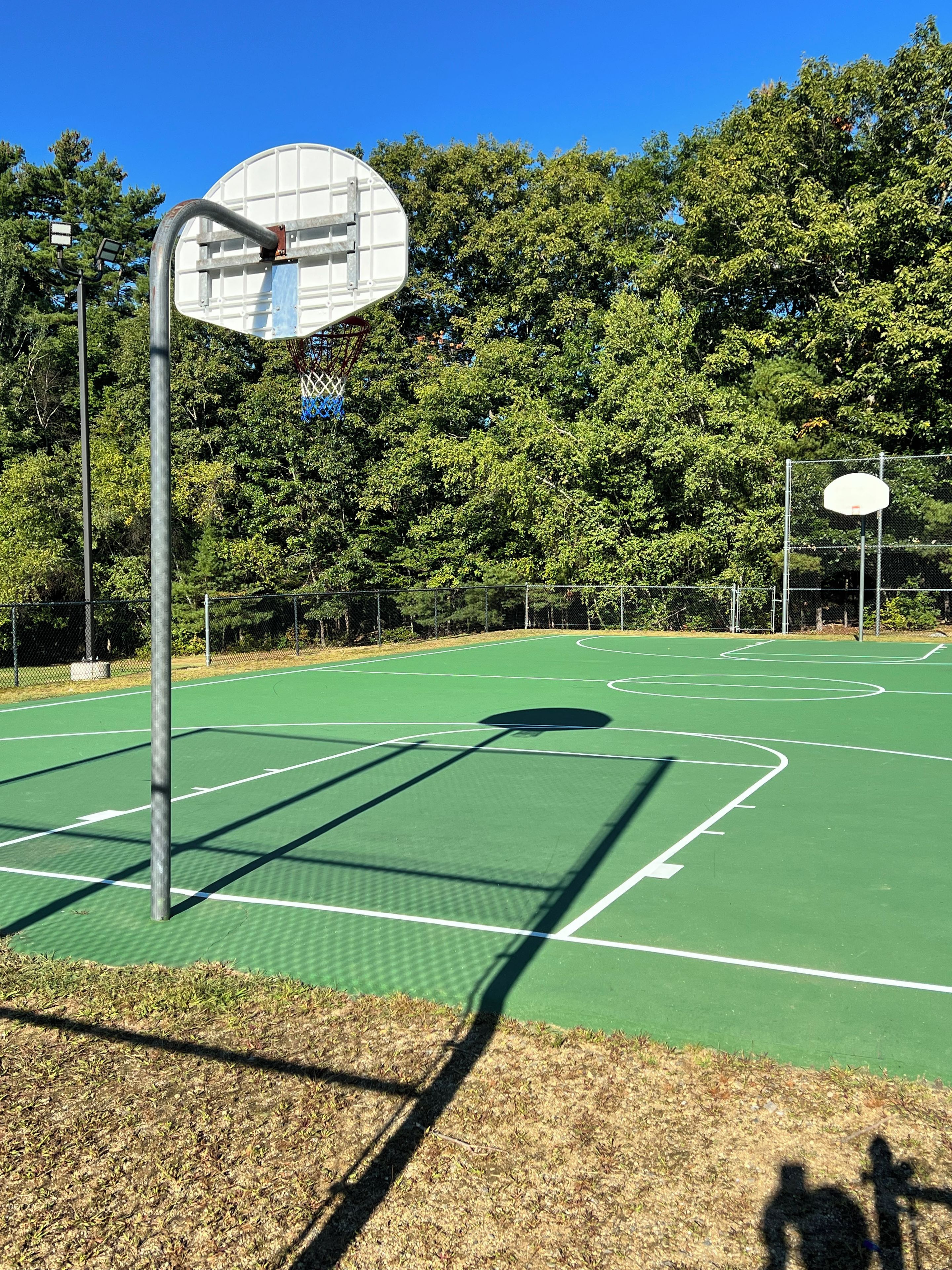 An outdoor basketball court with a hoop, surrounded by trees and a fence.