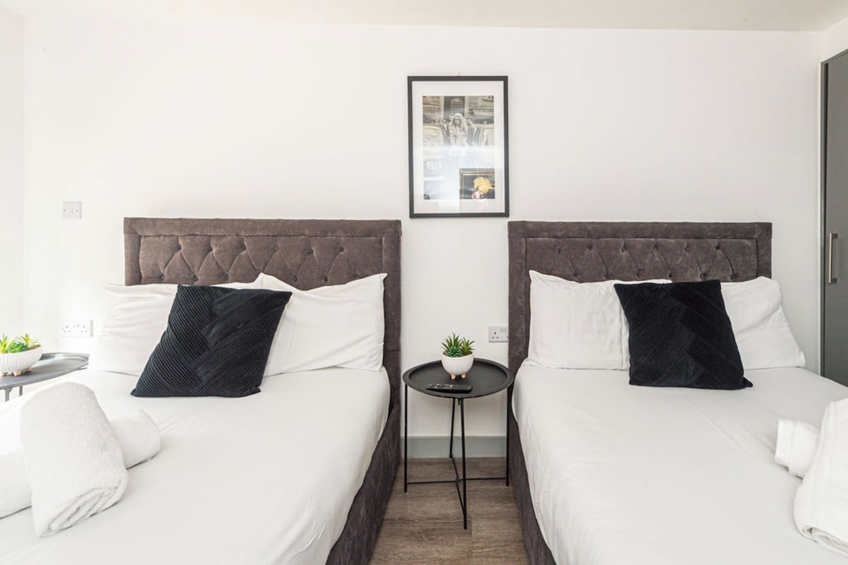 Habitación de hotel con dos camas, cada una con cabecero oscuro y ropa de cama blanca. En la pared, entre las camas, hay un cuadro enmarcado, y en el suelo, una mesita con una planta y un control remoto.