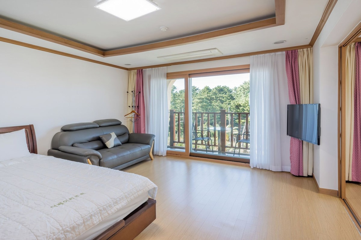 Ein Schlafzimmer mit Bett, einer Couch, einem Fernseher und einem Balkon mit Vorhängen.