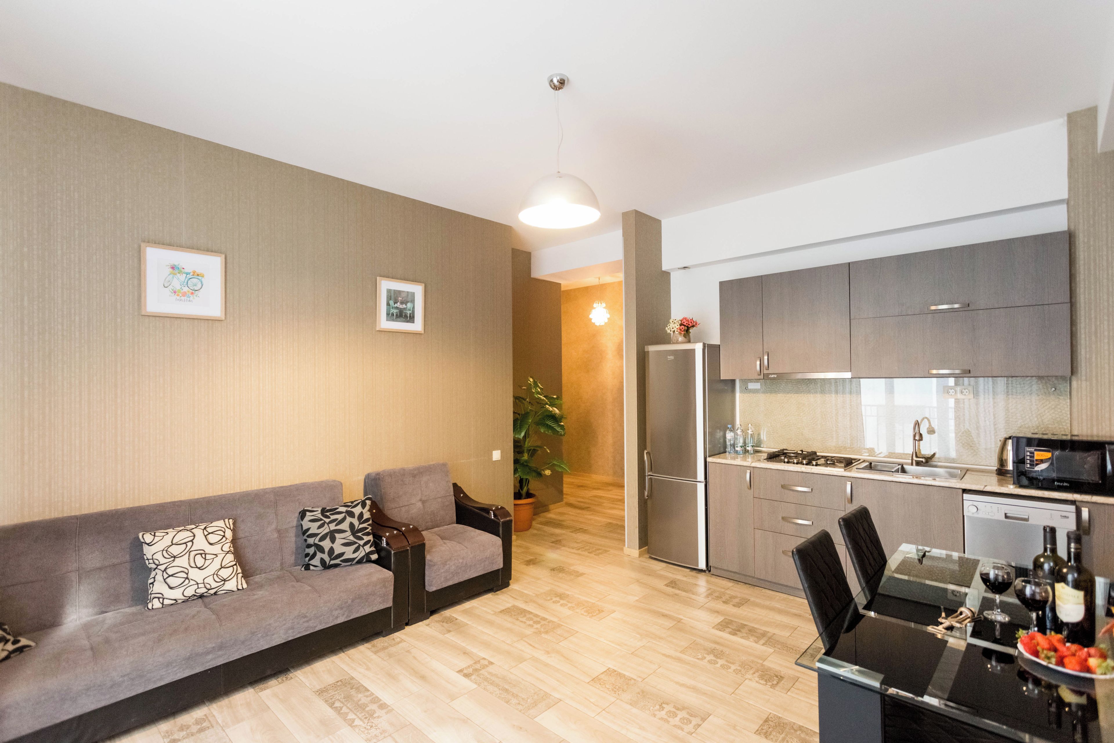 Een moderne woonkamer met een bank, een eettafel met stoelen, een keuken met kasten en apparatuur, en een potplant.