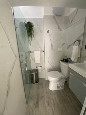 A bathroom with a glass shower enclosure, a toilet, and a sink. - Lovely 1 bedroom apartment close to everything SJ (San Juan)