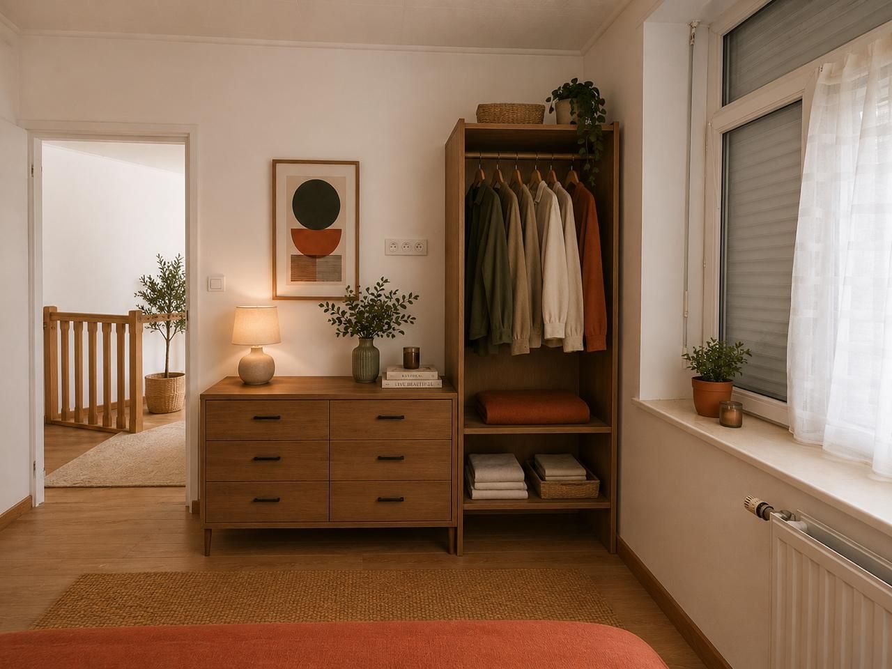 Ein Schlafzimmer mit einem Holzkonsolenmöbel, einem Kleiderschrank voller Kleidung, einem Nachttisch mit Lampe und einem Fenster mit Vorhängen.