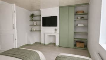 Une chambre avec deux lits, une télévision, des étagères et une armoire.