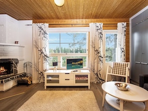 Una sala de estar acogedora con chimenea, televisor y vistas al exterior.
