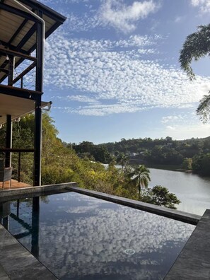 Una piscina con vista a un lago y vegetación circundante.
