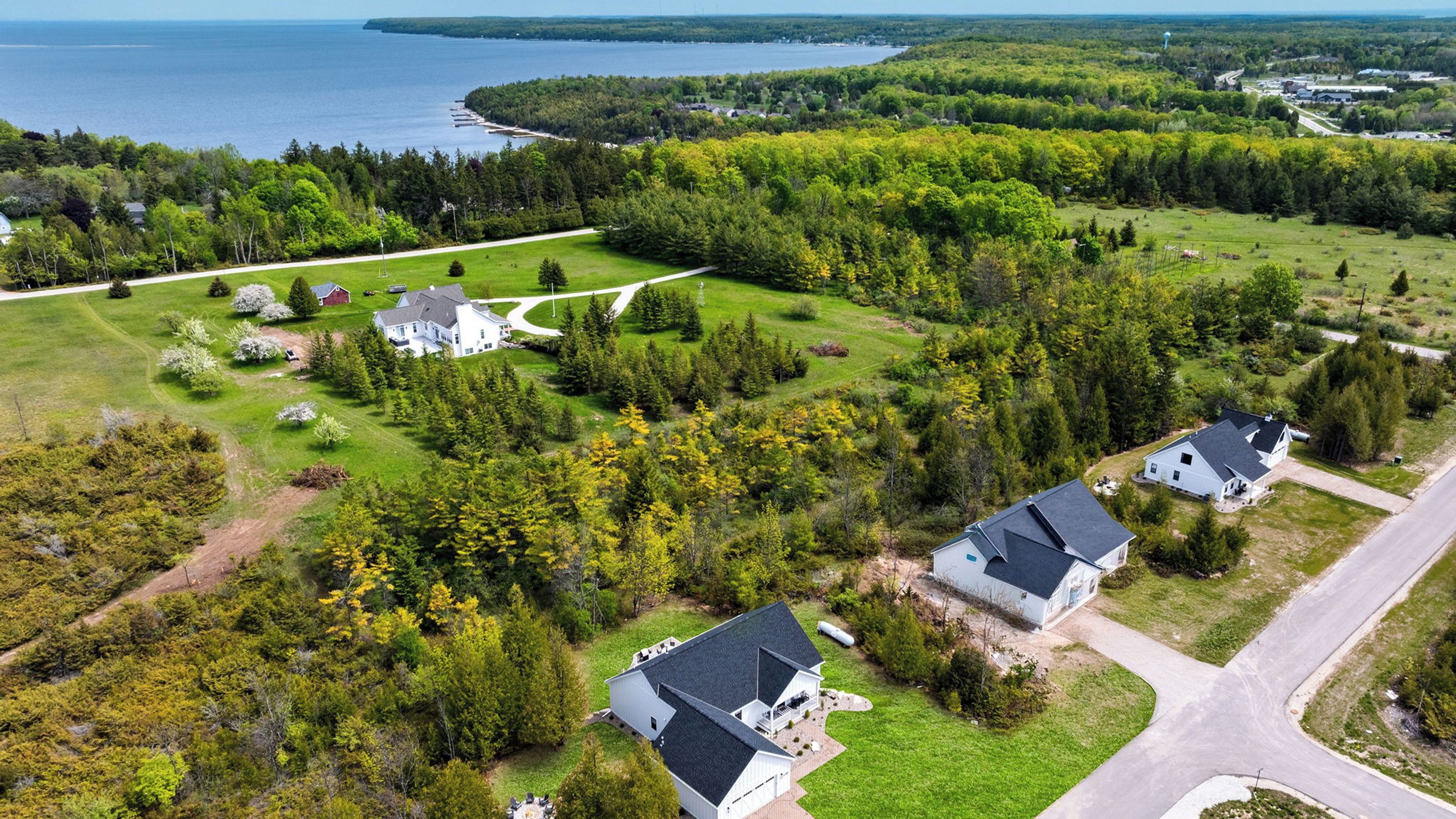 A residential area with multiple houses, a road, and a body of water in the background.