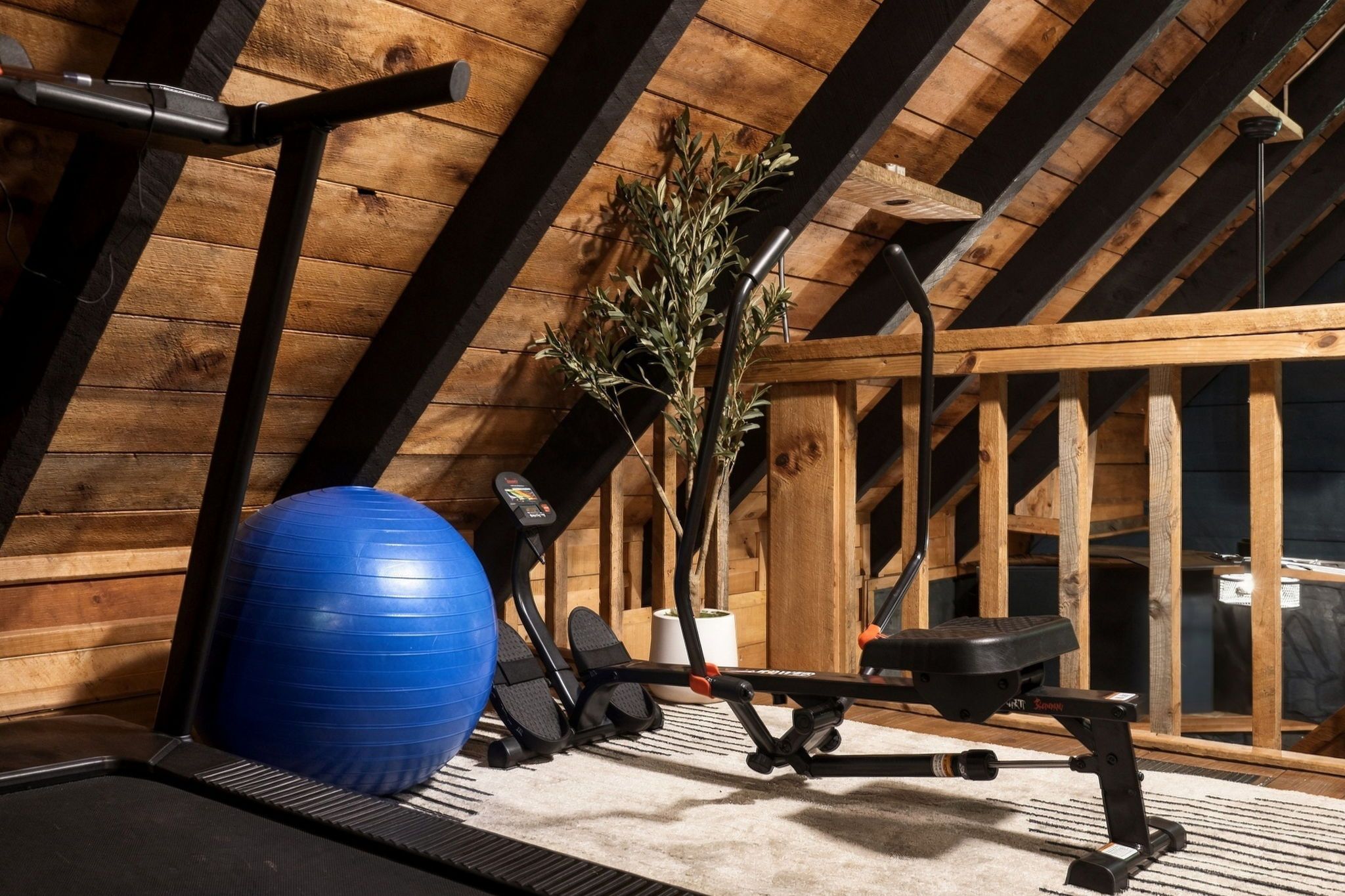 Un gimnasio con equipo de ejercicio, una pelota azul para hacer ejercicio y una planta en maceta en un espacio de ático con piso de madera.