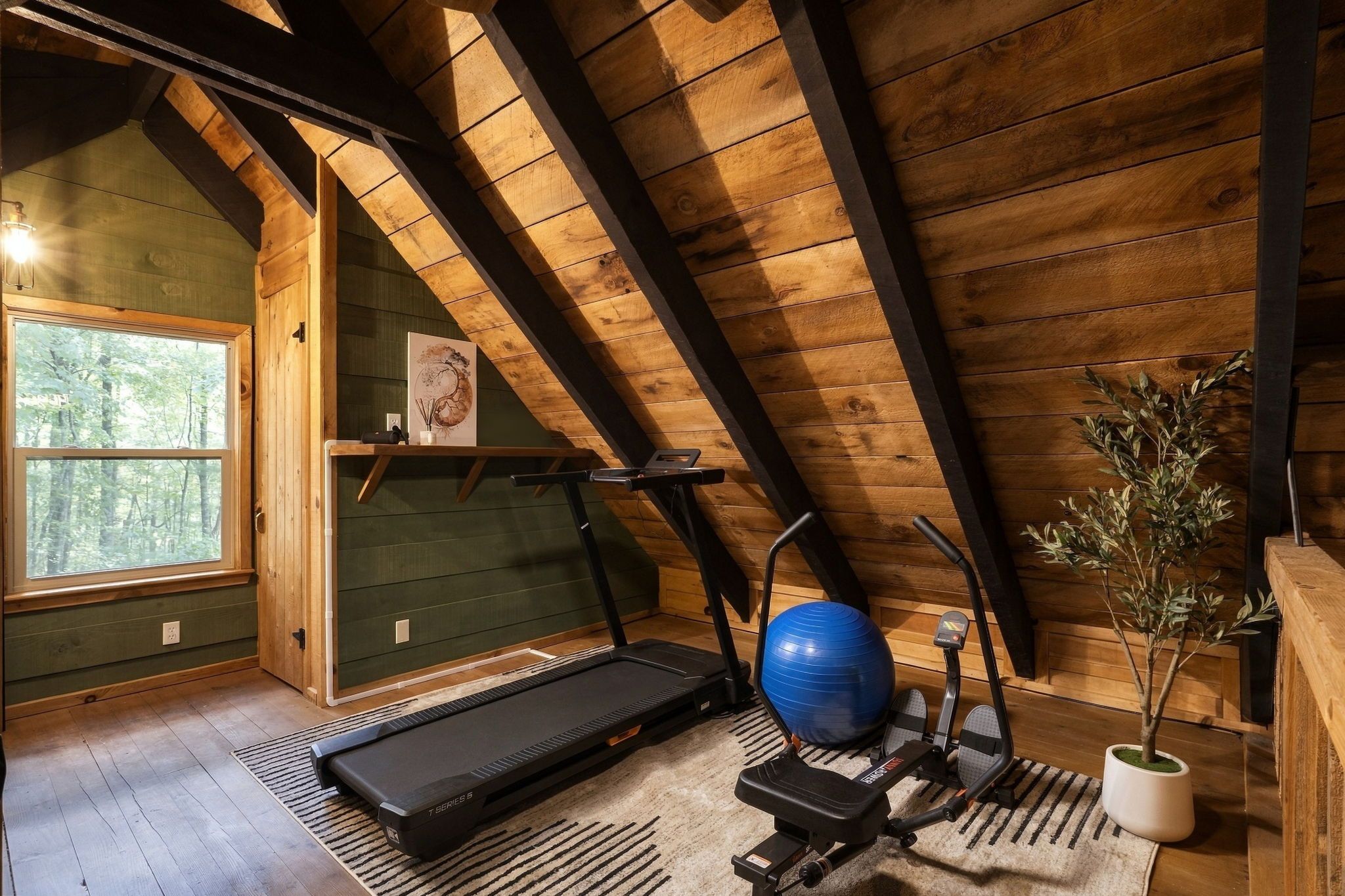 A gym with exercise equipment including a treadmill, elliptical, and a large exercise ball.
