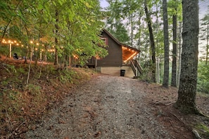 A cabin with a gravel path leading to it, surrounded by trees.