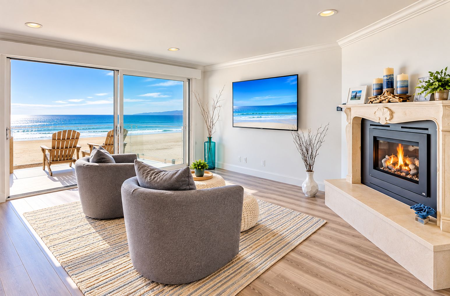 Una sala de estar moderna con chimenea, asientos confortables, un ventanal grande con vista a la playa y un televisor de pantalla plana.