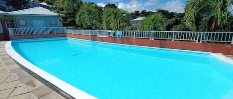 A clear blue swimming pool with a tiled deck, surrounded by a metal fence and palm trees.