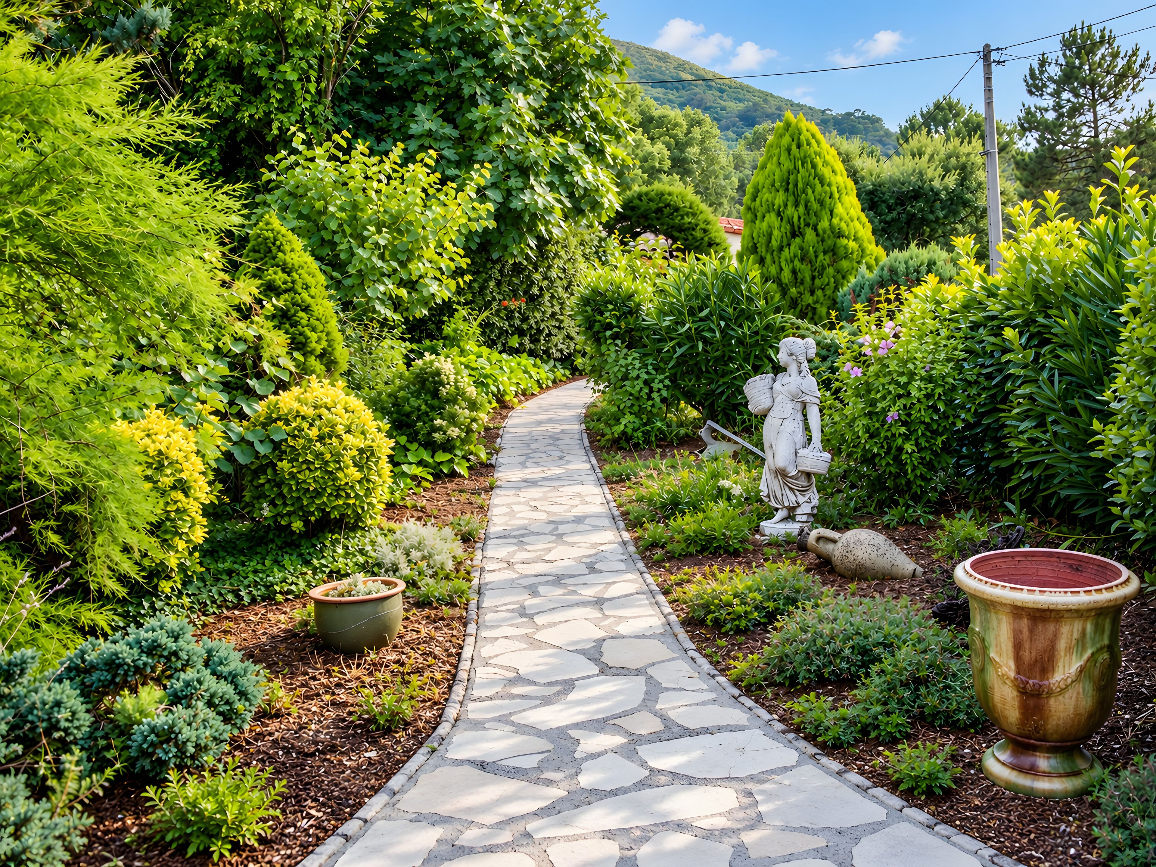 Un sendero de piedra serpentea por un jardín exuberante con diversas plantas y una estatua.