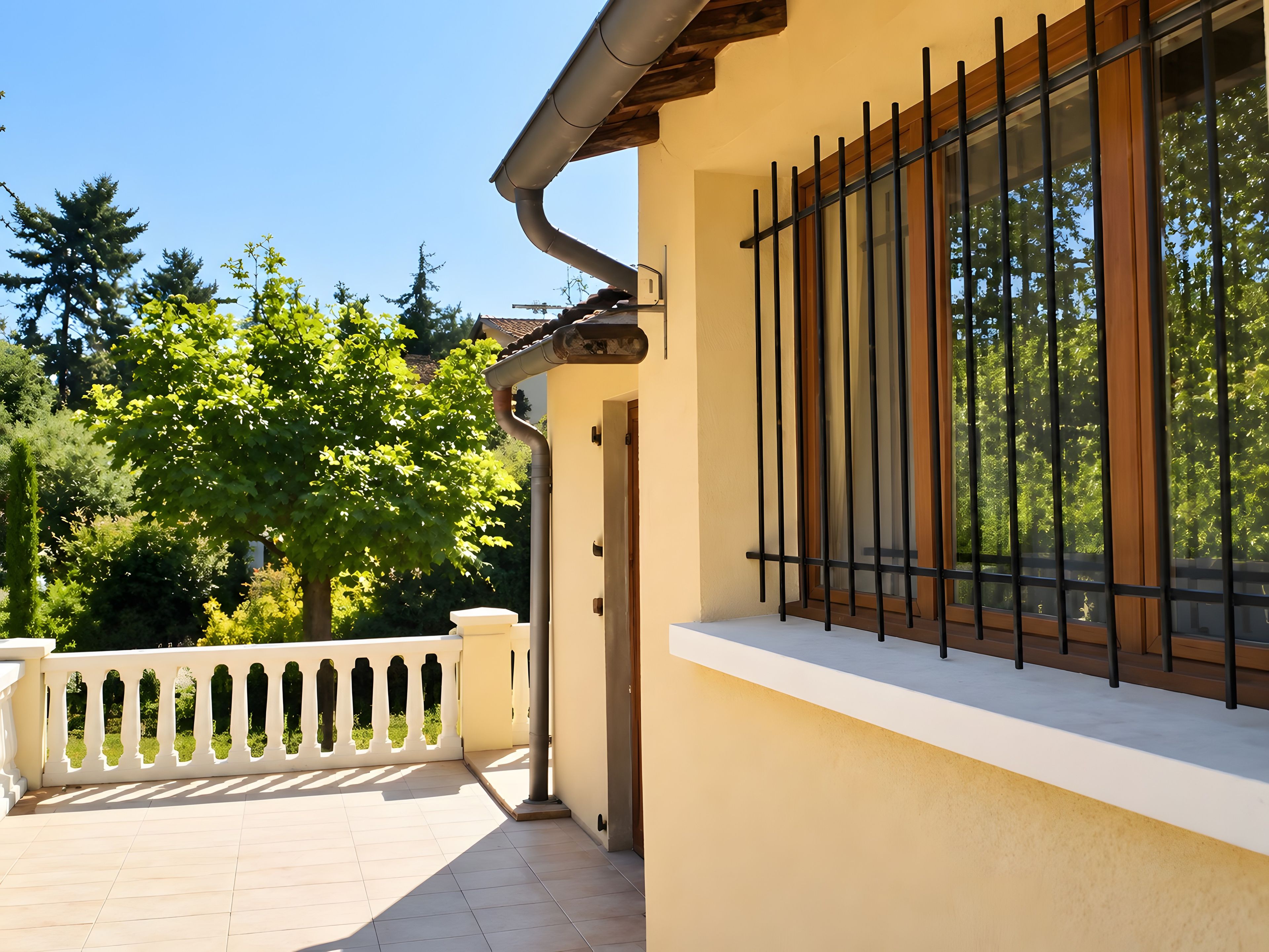Un bâtiment doté d’un balcon, d’une fenêtre avec des barreaux en métal et d’une rambarde blanche.
