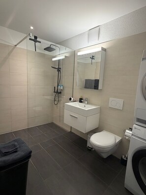 A modern bathroom with a glass-enclosed shower, a white sink, a toilet, and a washing machine. - New Listing (dulliken)