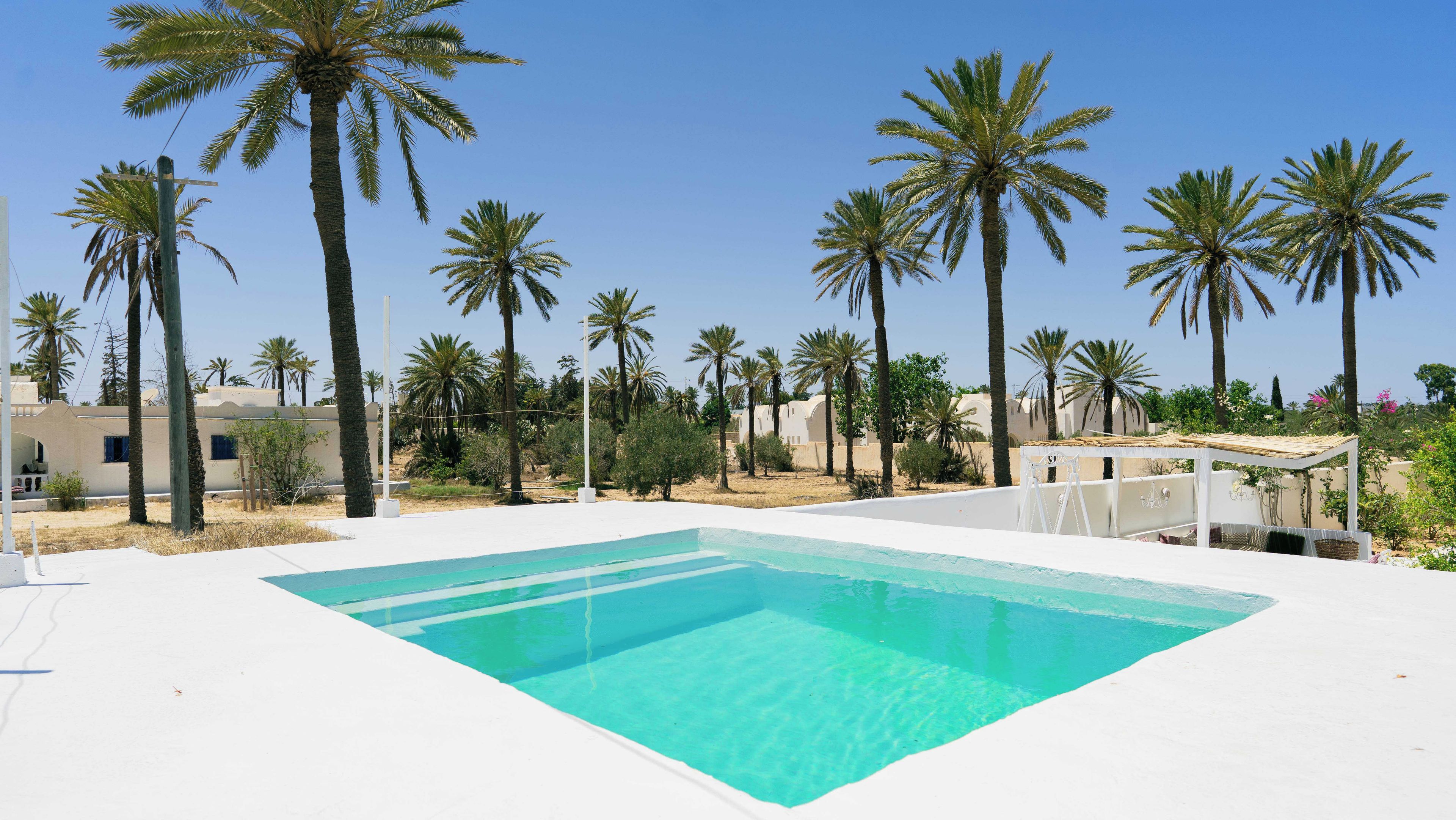 A swimming pool with a white deck, surrounded by palm trees and buildings.